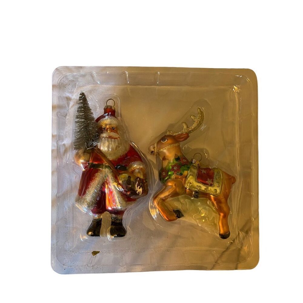 Santa Claus and reindeer handcrafted glass, Christmas ornament set